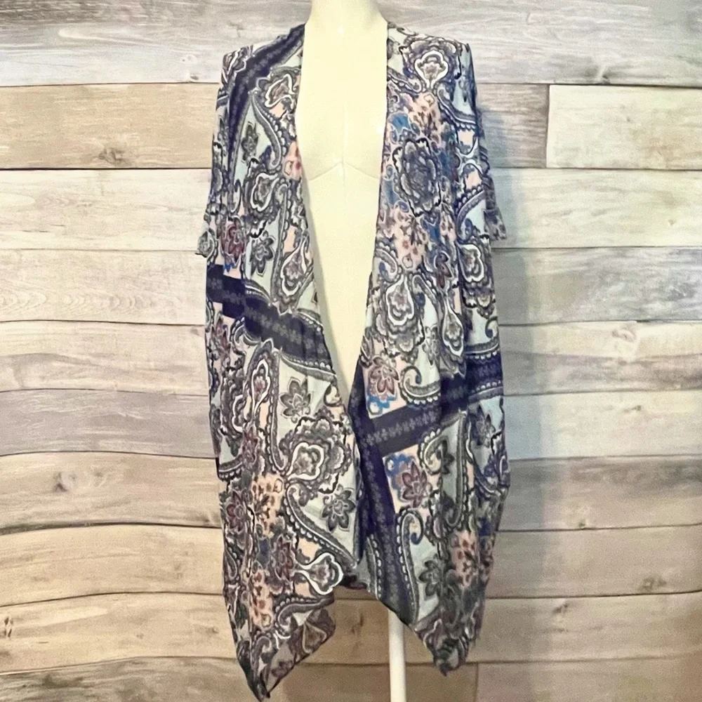 Blue paisley Jacobean floral ruana cover up OS - Picture 6 of 6